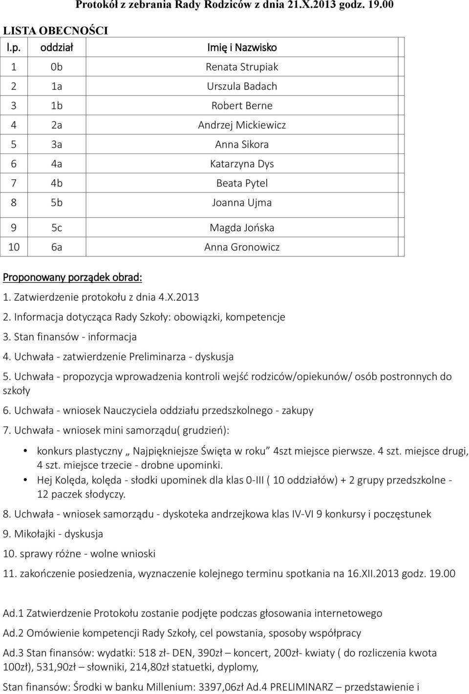 6a Anna Gronowicz Proponowany porządek obrad: 1. Zatwierdzenie protokołu z dnia 4.X.2013 2. Informacja dotycząca Rady Szkoły: obowiązki, kompetencje 3. Stan finansów - informacja 4.