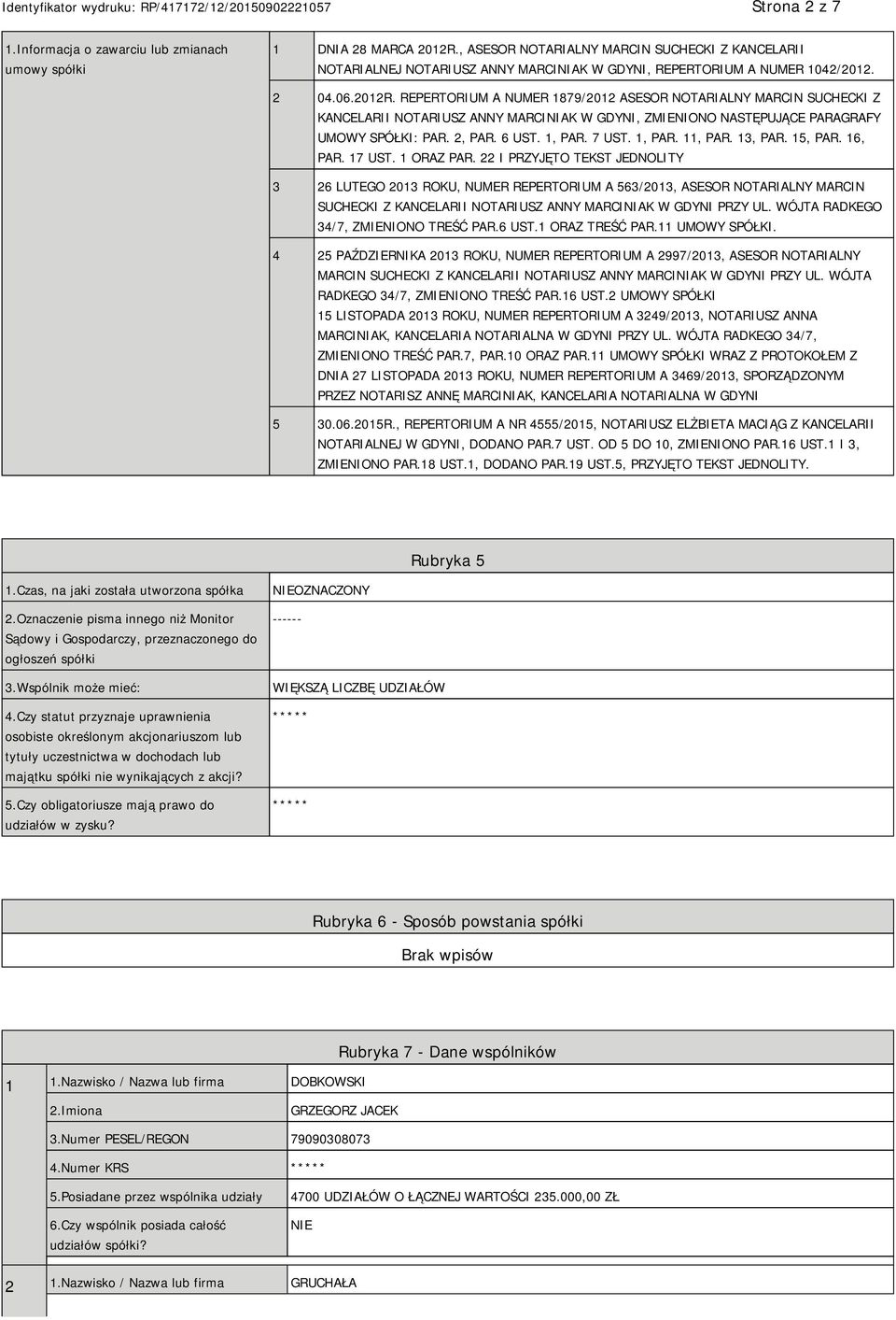 REPERTORIUM A NUMER 1879/2012 ASESOR NOTARIALNY MARCIN SUCHECKI Z KANCELARII NOTARIUSZ ANNY MARCINIAK W GDYNI, ZMIENIONO NASTĘPUJĄCE PARAGRAFY UMOWY SPÓŁKI: PAR. 2, PAR. 6 UST. 1, PAR. 7 UST. 1, PAR. 11, PAR.