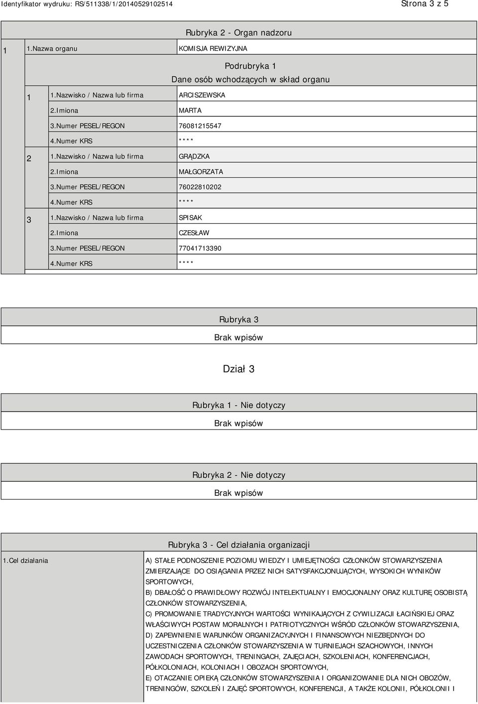Numer PESEL/REGON 77041713390 Rubryka 3 Dział 3 Rubryka 1 - Nie dotyczy Rubryka 2 - Nie dotyczy Rubryka 3 - Cel działania organizacji 1.