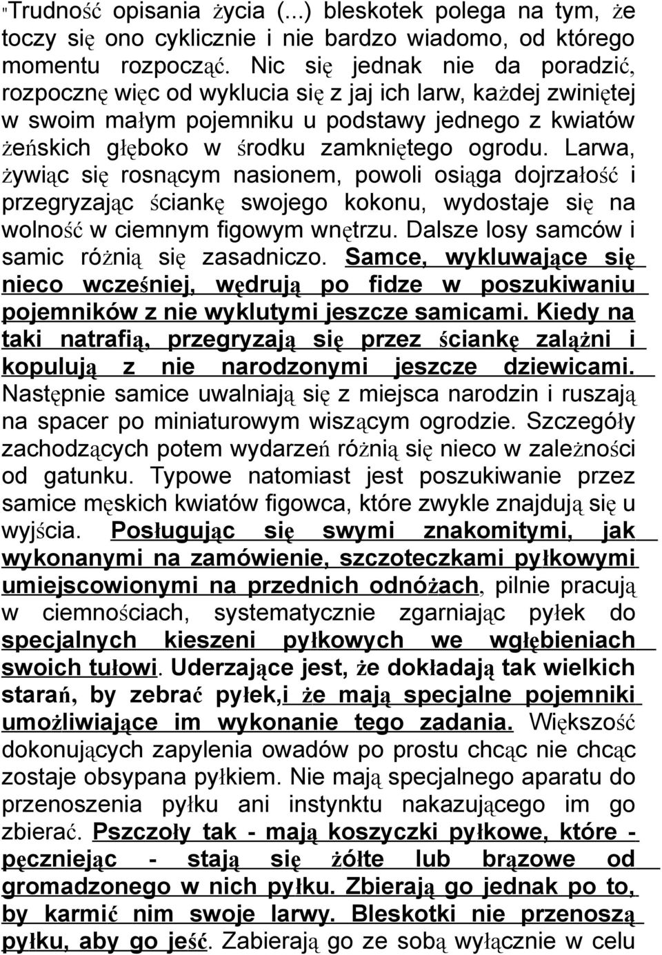 Larwa, żywiąc się rosnącym nasionem, powoli osiąga dojrzałość i przegryzając ściankę swojego kokonu, wydostaje się na wolność w ciemnym figowym wnętrzu.