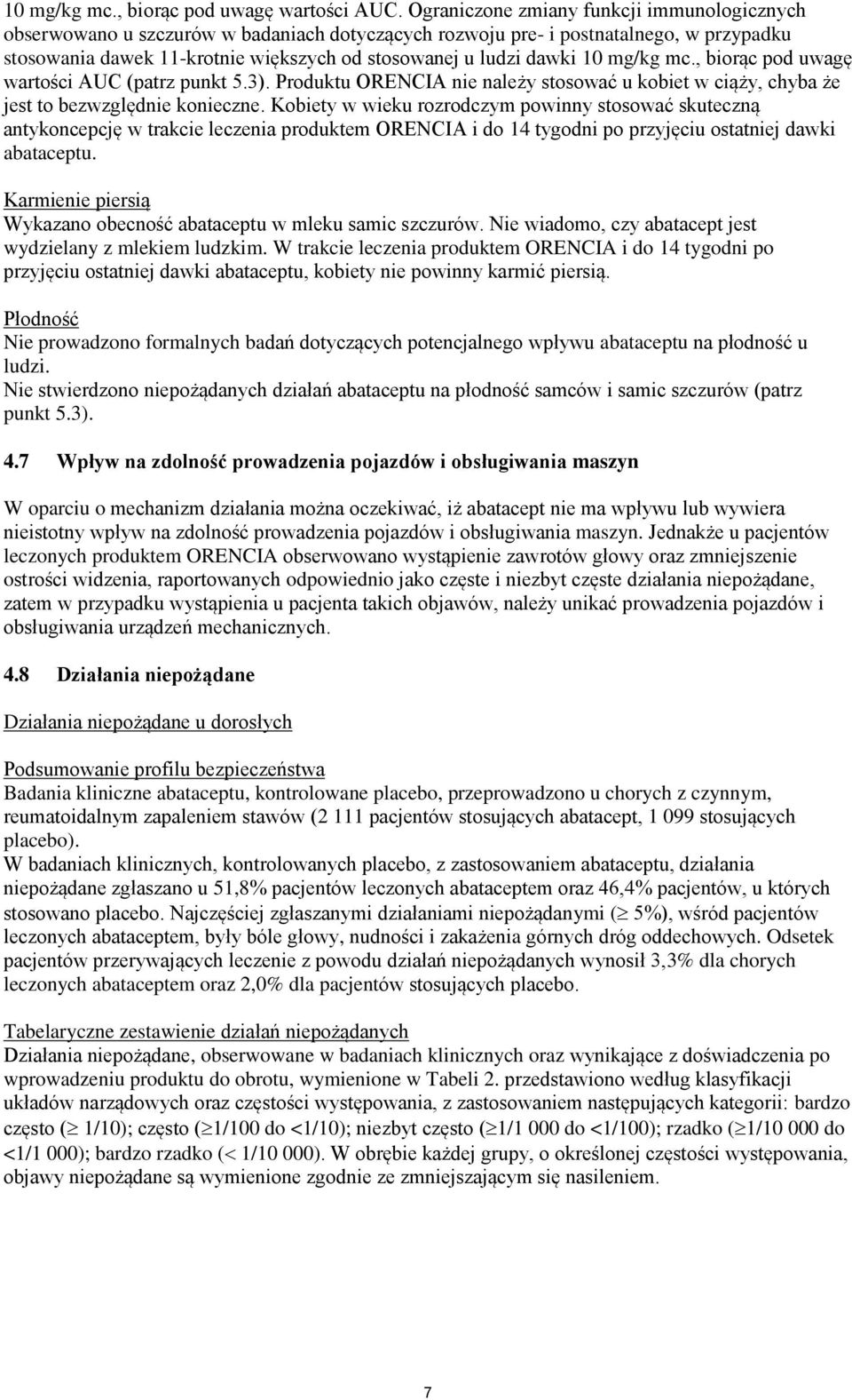 10 mg/kg mc., biorąc pod uwagę wartości AUC (patrz punkt 5.3). Produktu ORENCIA nie należy stosować u kobiet w ciąży, chyba że jest to bezwzględnie konieczne.