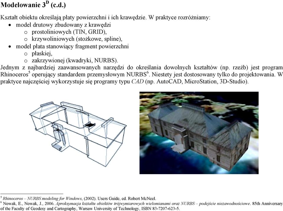 NURB). Jednym z njbrdziej zwnsownych nrzędzi do określni dowolnych ksztłtów (np. rzeźb) jest progrm Rhinoceros 5 operujący stndrdem przemysłowym NURB 6. Niestety jest dostosowny tylko do projektowni.