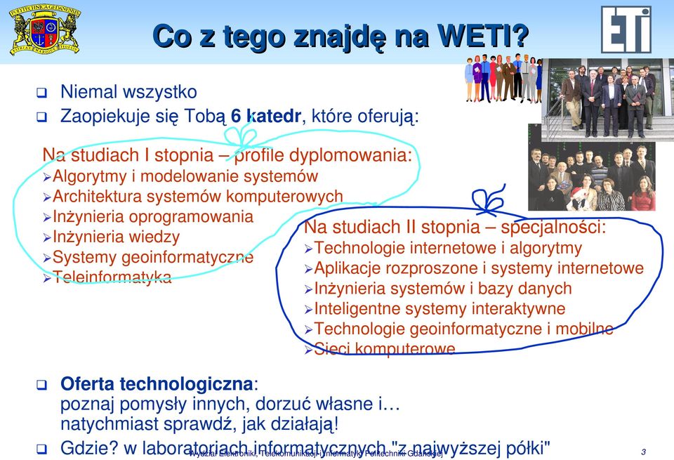 InŜynieria wiedzy Systemy geoinformatyczne Teleinformatyka Na studiach II stopnia specjalności: Technologie internetowe i algorytmy Aplikacje rozproszone i systemy internetowe InŜynieria