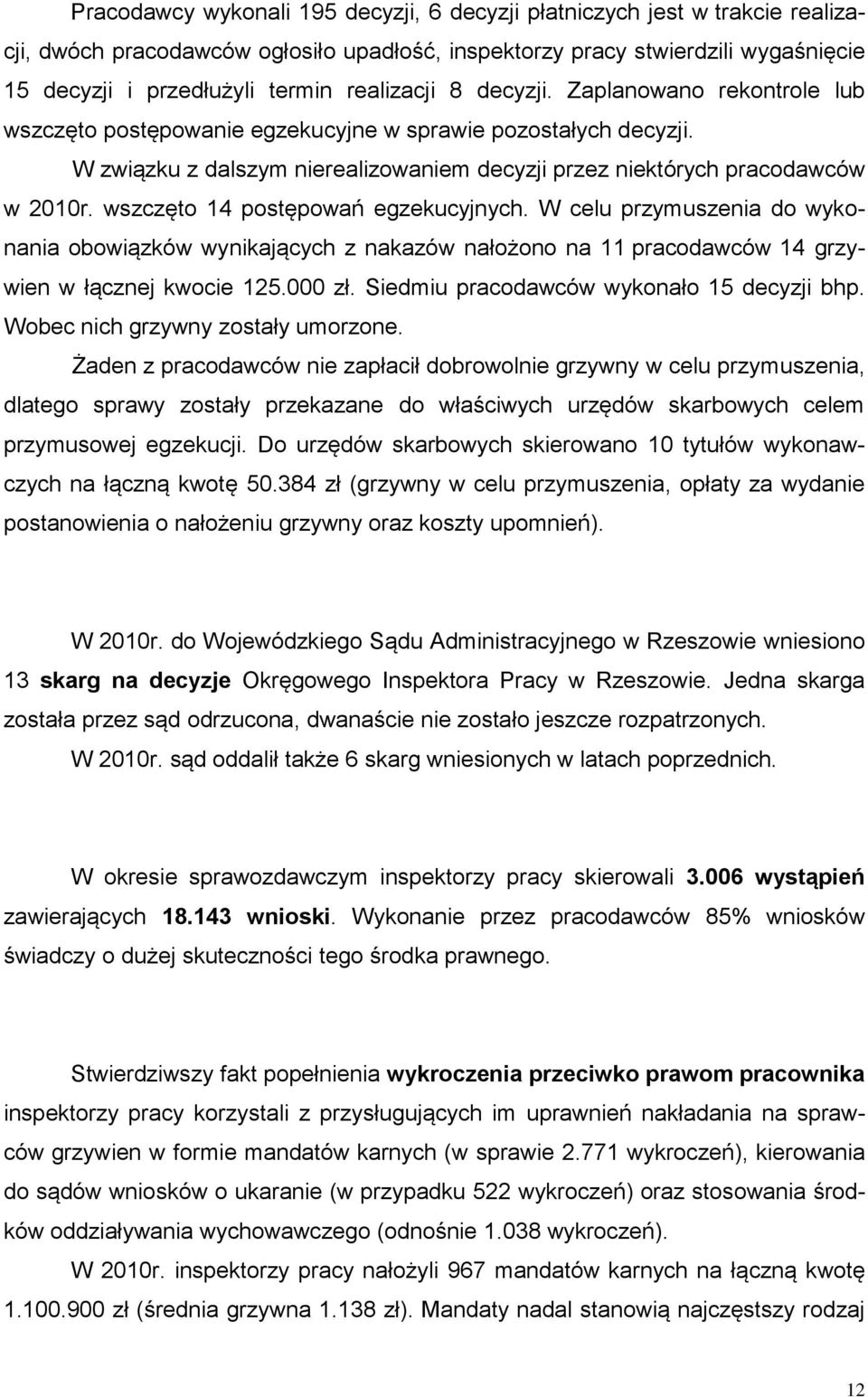 wszczęto 14 postępowań egzekucyjnych. W celu przymuszenia do wykonania obowiązków wynikających z nakazów nałożono na 11 pracodawców 14 grzywien w łącznej kwocie 125.000 zł.