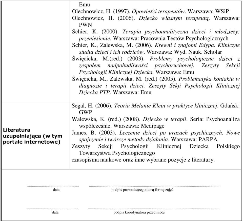 Problemy psychologiczne dzieci z zespołem nadpobudliwości psychoruchowej. Zeszyty Sekcji Psychologii Klinicznej Dziecka. Warszawa: Emu Święcicka, M., Zalewska, M. (red.) (2005).