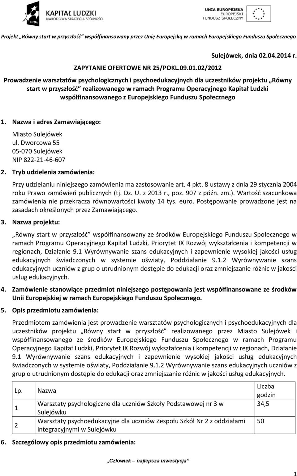 Europejskiego Funduszu Społecznego 1. Nazwa i adres Zamawiającego: Miasto Sulejówek ul. Dworcowa 55 05-070 Sulejówek NIP 822-21-46-607 2.