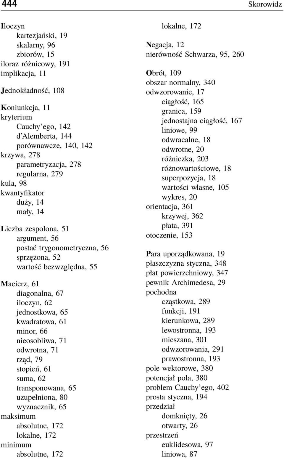 diagonalna, 67 iloczyn, 62 jednostkowa, 65 kwadratowa, 61 minor, 66 nieosobliwa, 71 odwrotna, 71 rząd, 79 stopień, 61 suma, 62 transponowana, 65 uzupełniona, 80 wyznacznik, 65 maksimum absolutne, 172