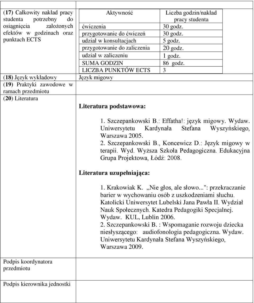 koordynatora przedmiotu Podpis kierownika jednostki Liczba godzin/nakład pracy studenta 30 godz. 30 godz. 5 godz. 20 godz. 1 godz. 86 godz. 1. Szczepankowski B.: Effatha!: język migowy. Wydaw.