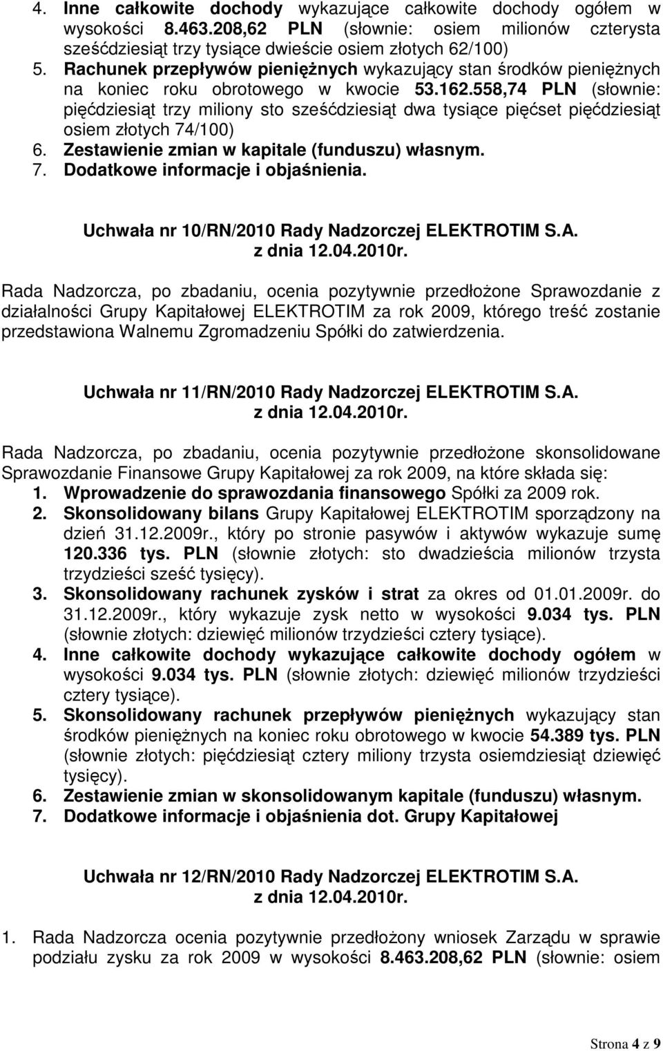 558,74 PLN (słownie: pięćdziesiąt trzy miliony sto sześćdziesiąt dwa tysiące pięćset pięćdziesiąt osiem złotych 74/100) 6. Zestawienie zmian w kapitale (funduszu) własnym. 7. Dodatkowe informacje i objaśnienia.