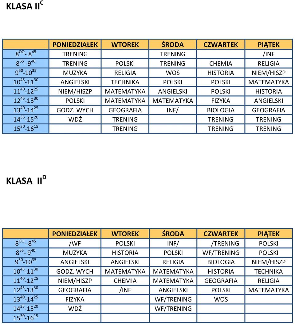 WYCH GEOGRAFIA INF/ BIOLOGIA GEOGRAFIA 14 35-15 20 WDŻ TRENING TRENING TRENING TRENING TRENING TRENING KLASA II D 8 OO - 8 45 /WF POLSKI INF/ /TRENING POLSKI 8 55-9 40 MUZYKA HISTORIA POLSKI