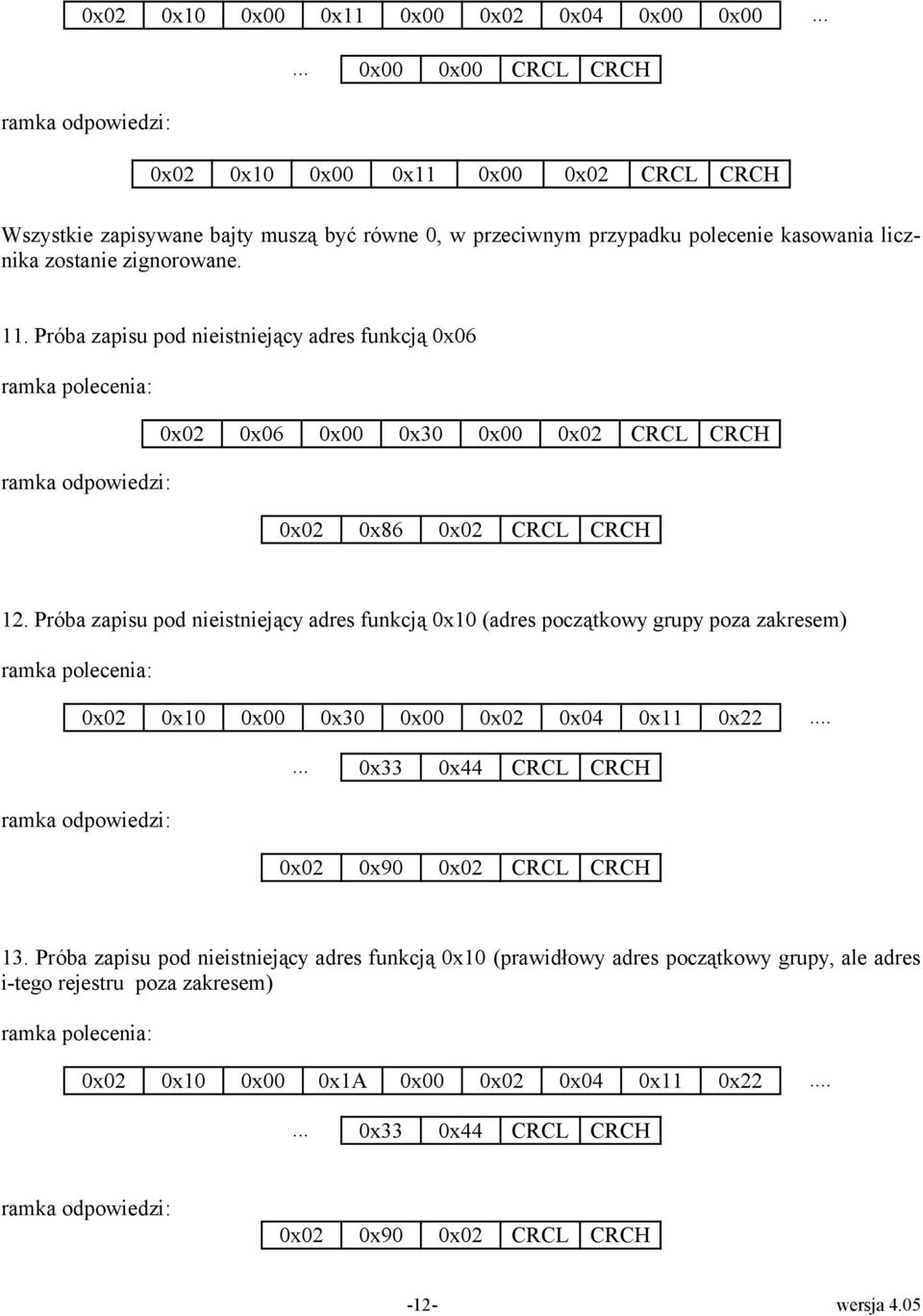 Próba zapisu pod nieistniejący adres funkcją 0x06 0x02 0x06 0x00 0x30 0x00 0x02 CRCL CRCH 0x02 0x86 0x02 CRCL CRCH 12.