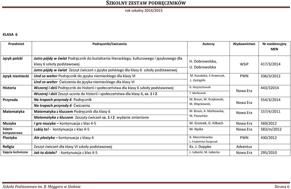 Dobrowolska Język niemiecki Und so weiter Podręcznik do języka niemieckiego dla klasy VI M. Kozubska, E.Krawczyk, Und so weiter Ćwiczenia do języka niemieckiego dla klasy VI L.