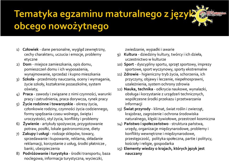 zatrudnienia, praca dorywcza, rynek pracy 5) Życie rodzinne i towarzyskie -okresy życia, członkowie rodziny, czynności życia codziennego, formy spędzania czasu wolnego, święta i uroczystości, styl