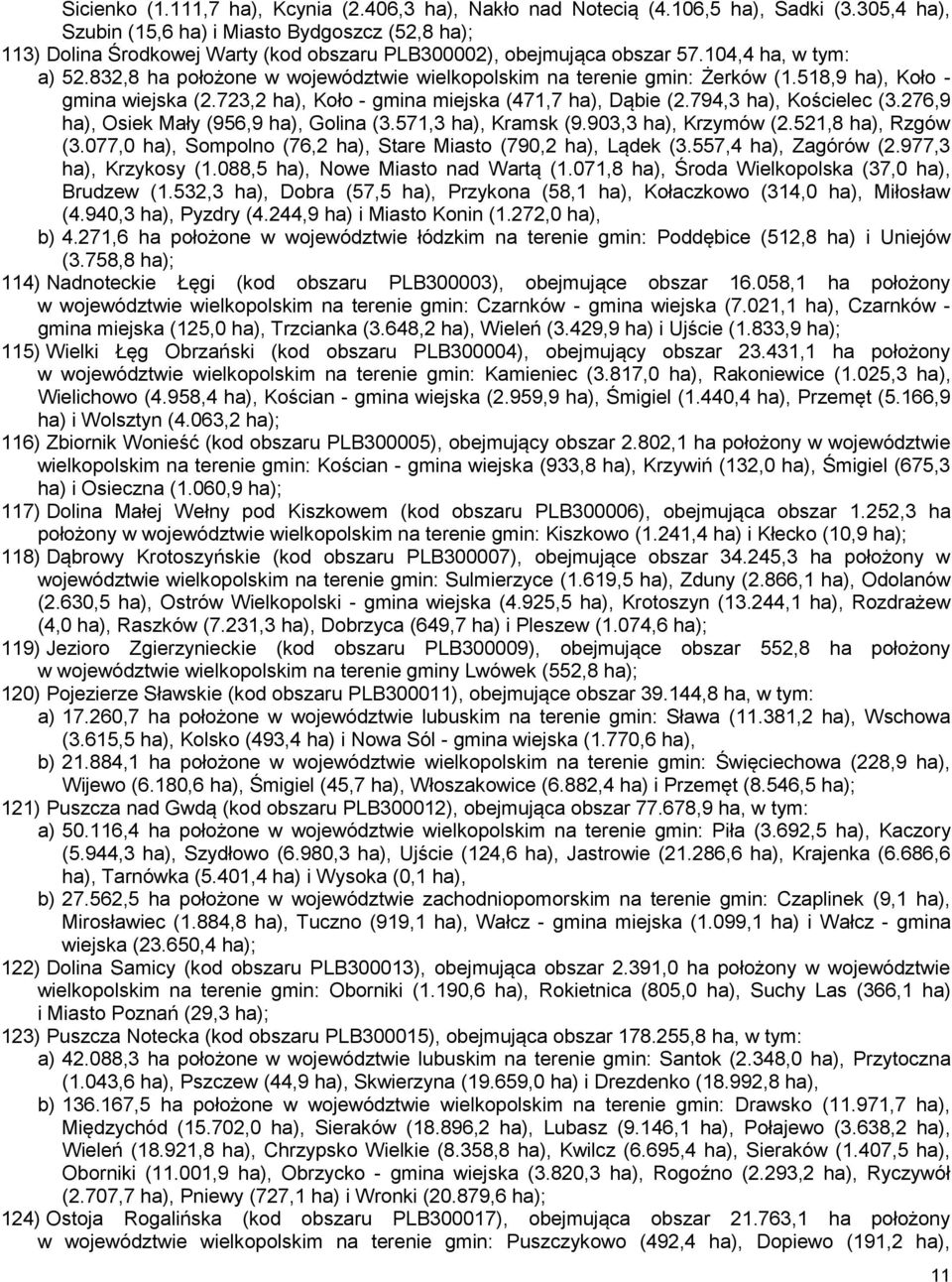 832,8 ha położone w województwie wielkopolskim na terenie gmin: Żerków (1.518,9 ha), Koło - gmina wiejska (2.723,2 ha), Koło - gmina miejska (471,7 ha), Dąbie (2.794,3 ha), Kościelec (3.