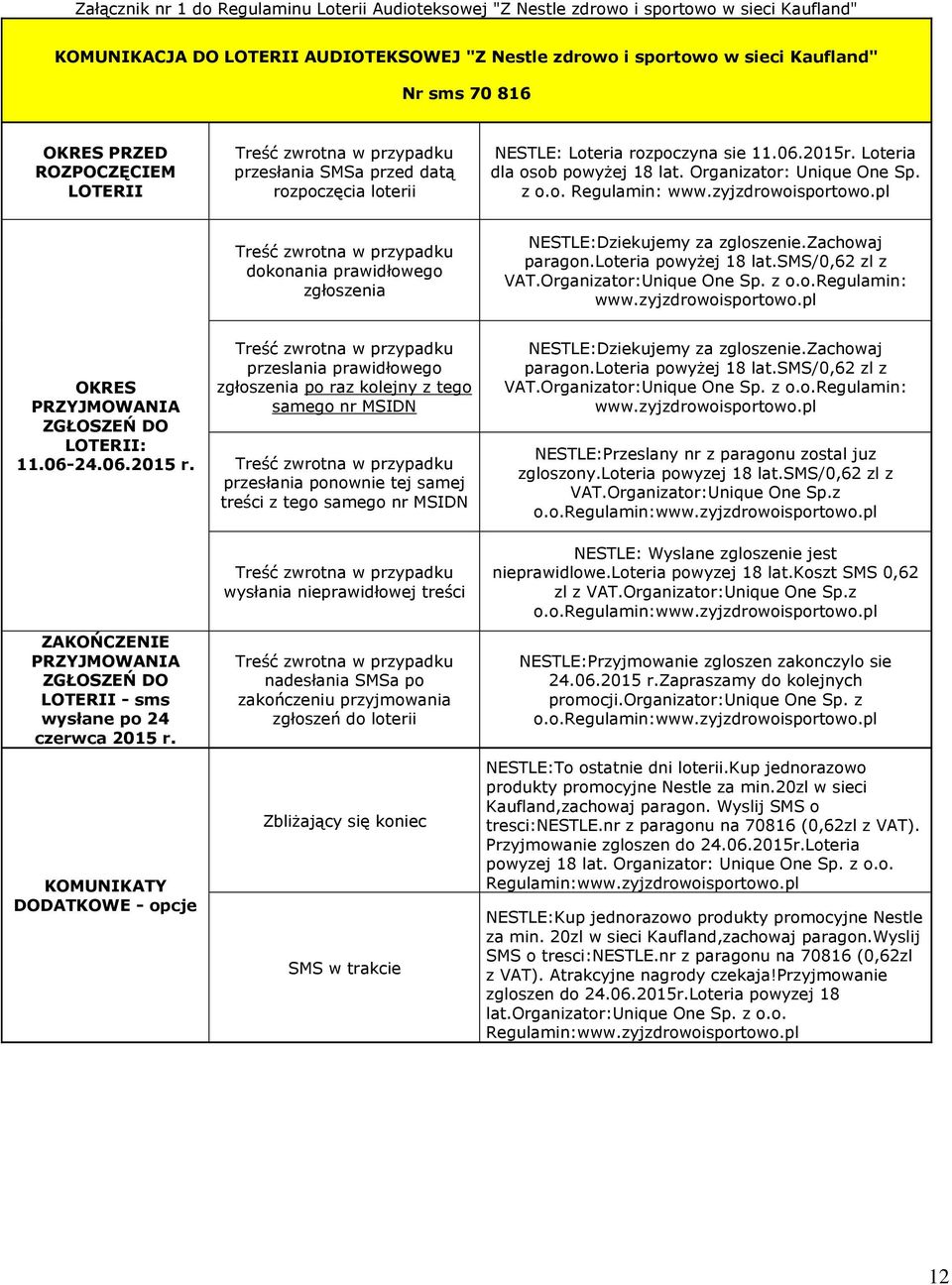 Organizator: Unique One Sp. z o.o. Regulamin: www.zyjzdrowoisportowo.pl Treść zwrotna w przypadku dokonania prawidłowego zgłoszenia NESTLE:Dziekujemy za zgloszenie.zachowaj paragon.