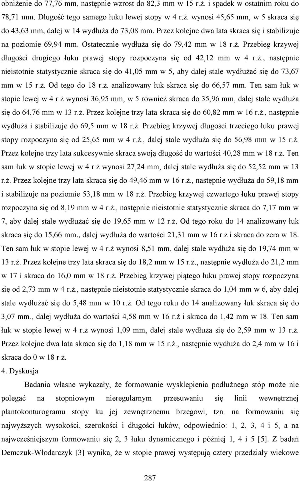 ż., następnie nieistotnie statystycznie skraca się do 41,05 mm w 5, aby dalej stale wydłużać się do 73,67 mm w 15 r.ż. Od tego do 18 r.ż. analizowany łuk skraca się do 66,57 mm.