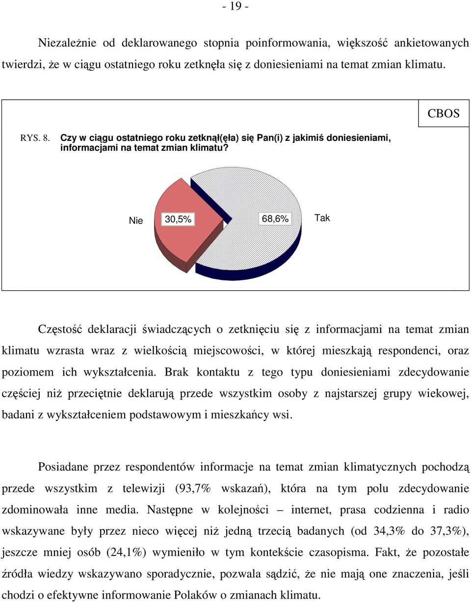 Nie 30,5% 68,6% Tak Częstość deklaracji świadczących o zetknięciu się z informacjami na temat zmian klimatu wzrasta wraz z wielkością miejscowości, w której mieszkają respondenci, oraz poziomem ich