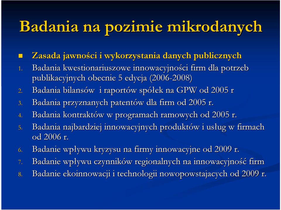 Badania bilansów w i raportów w spółek na GPW od 2005 r 3. Badania przyznanych patentów w dla firm od 2005 r. 4.