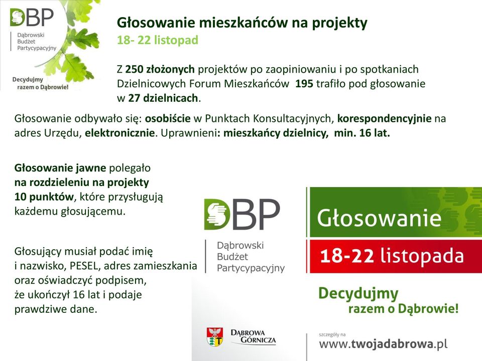 Głosowanie odbywało się: osobiście w Punktach Konsultacyjnych, korespondencyjnie na adres Urzędu, elektronicznie.