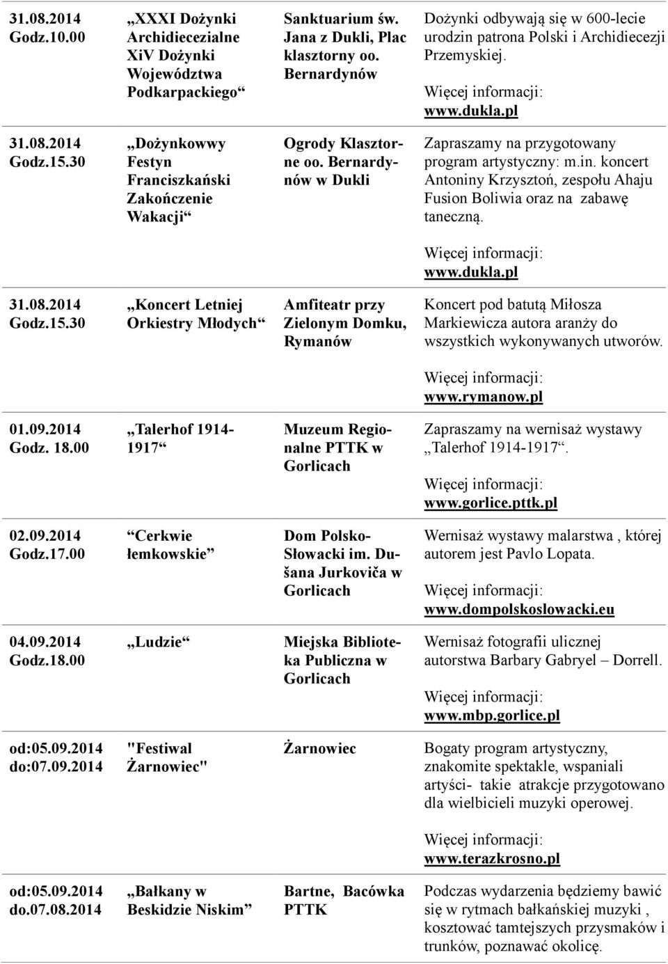 Bernardynów w Dukli Zapraszamy na przygotowany program artystyczny: m.in. koncert Antoniny Krzysztoń, zespołu Ahaju Fusion Boliwia oraz na zabawę taneczną. www.dukla.pl Godz.15.