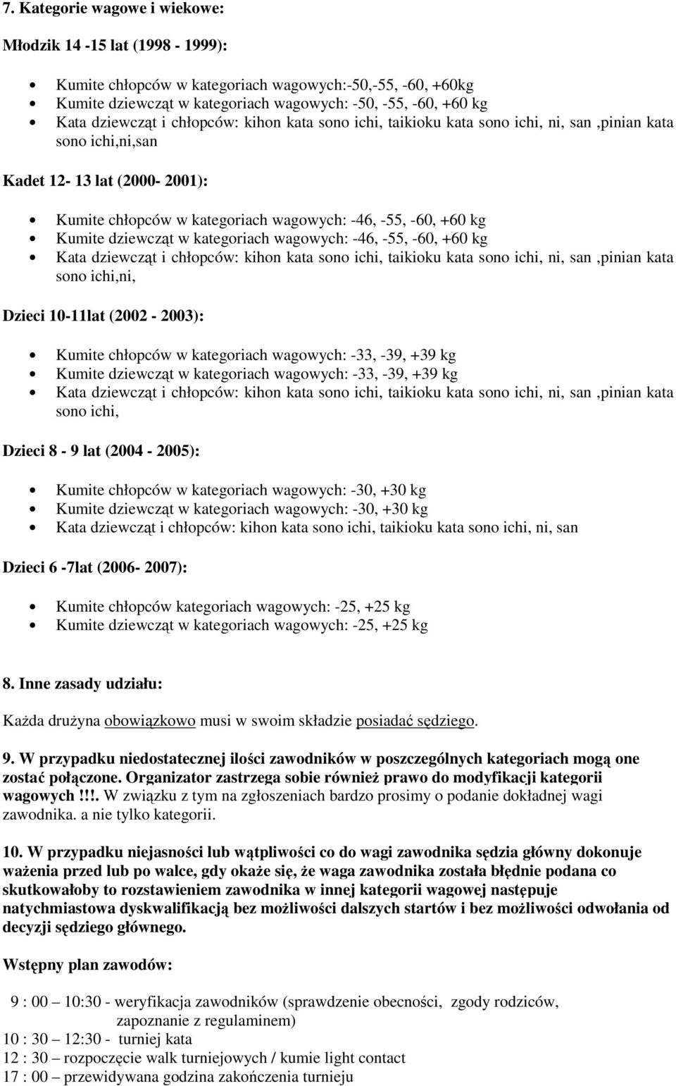 (2002-2003): Kumite chłopców w kategoriach wagowych: -33, -39, +39 kg Kumite dziewcząt w kategoriach wagowych: -33, -39, +39 kg sono ichi, Dzieci 8-9 lat (2004-2005): Kumite chłopców w kategoriach