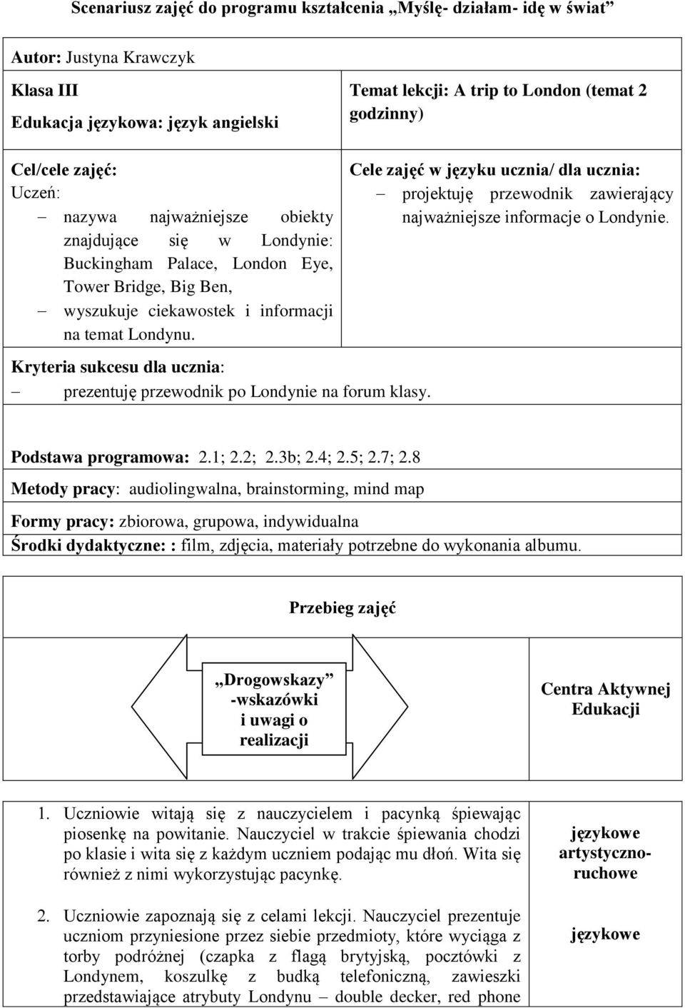 Temat lekcji: A trip to London (temat 2 godzinny) Cele zajęć w języku ucznia/ dla ucznia: projektuję przewodnik zawierający najważniejsze informacje o Londynie.