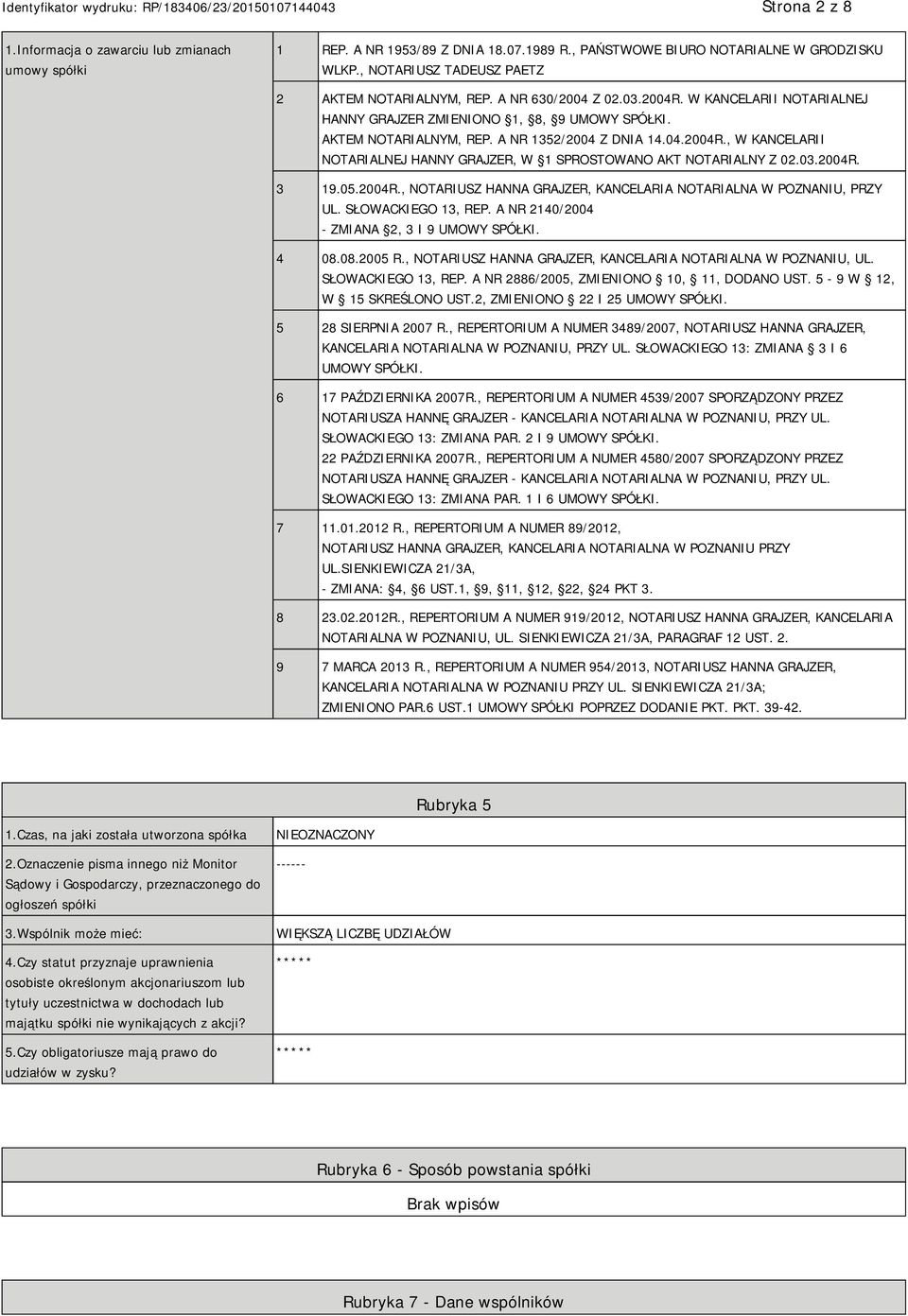 03.2004R. 3 19.05.2004R., NOTARIUSZ HANNA GRAJZER, KANCELARIA NOTARIALNA W POZNANIU, PRZY UL. SŁOWACKIEGO 13, REP. A NR 2140/2004 - ZMIANA 2, 3 I 9 UMOWY SPÓŁKI. 4 08.08.2005 R.