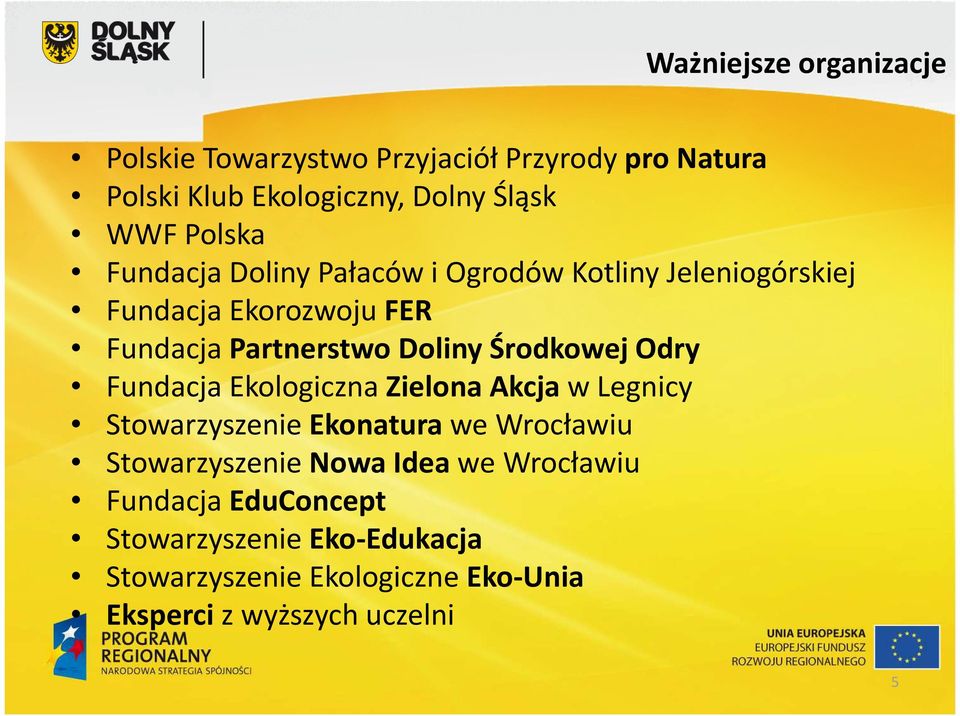 Środkowej Odry Fundacja Ekologiczna Zielona Akcja w Legnicy Stowarzyszenie Ekonatura we Wrocławiu Stowarzyszenie Nowa