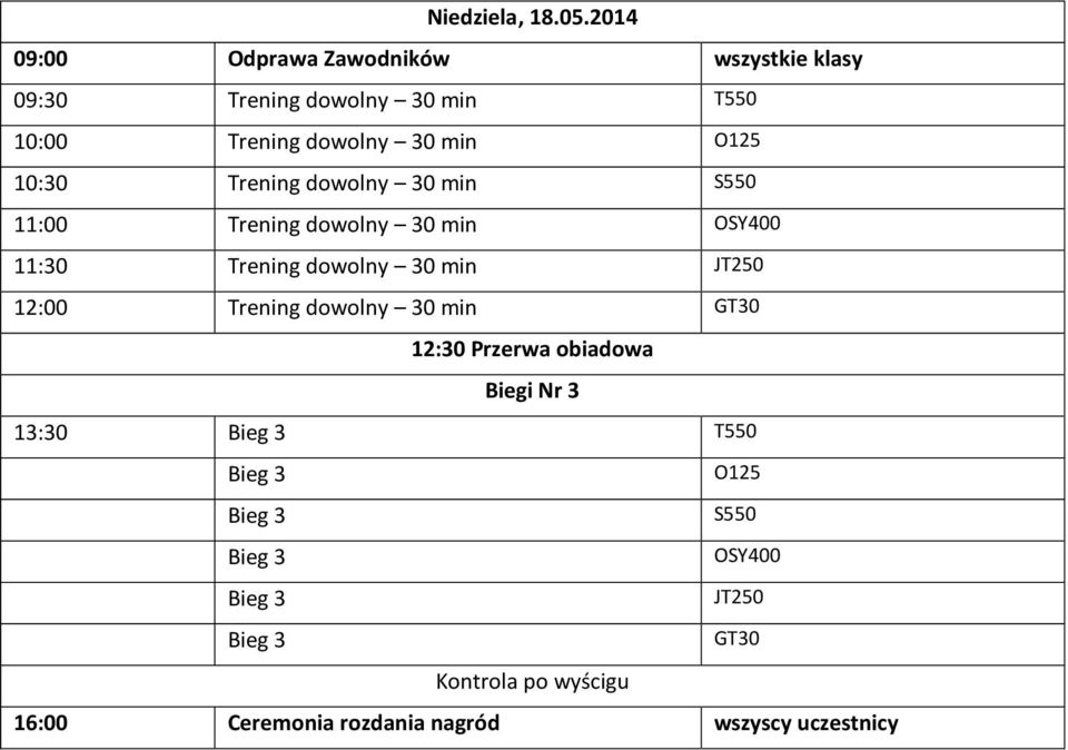 10:30 Trening dowolny 30 min S550 11:00 Trening dowolny 30 min OSY400 11:30 Trening dowolny 30 min JT250 12:00