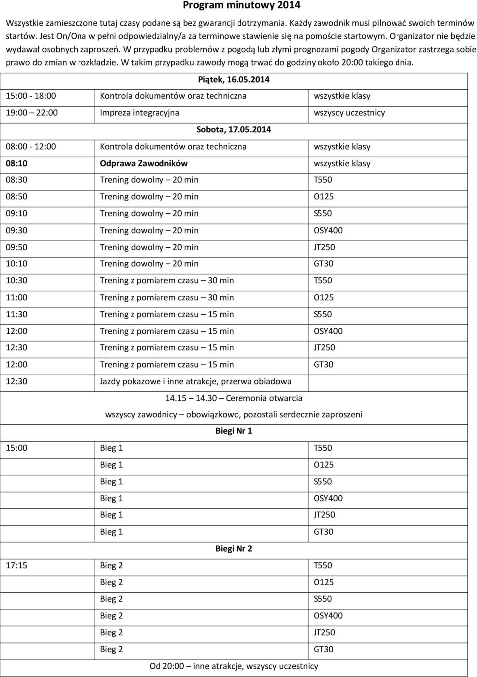W przypadku problemów z pogodą lub złymi prognozami pogody Organizator zastrzega sobie prawo do zmian w rozkładzie. W takim przypadku zawody mogą trwać do godziny około 20:00 takiego dnia. Piątek, 16.