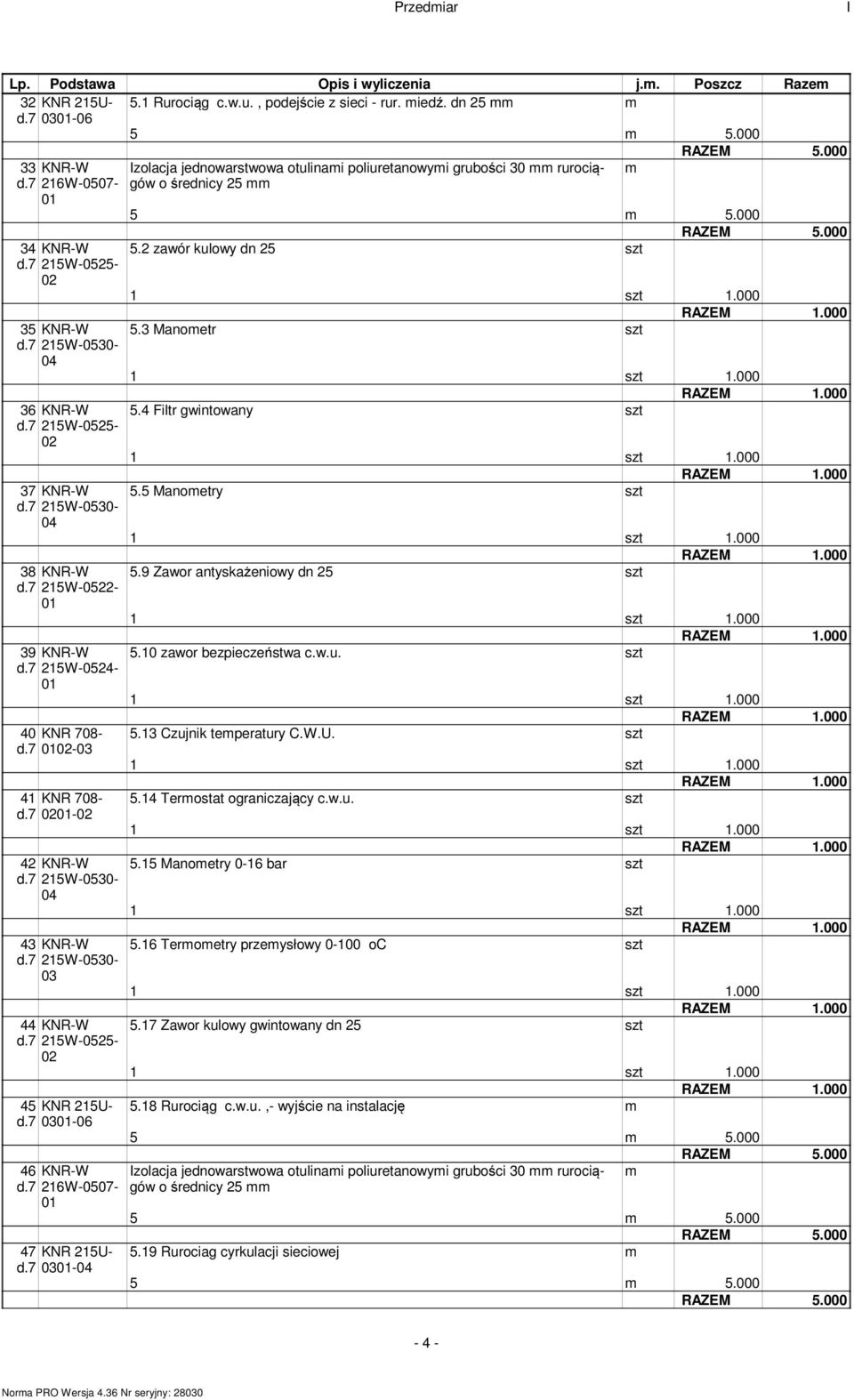 7 216W-0507-47 KNR 215Ud.7 - zolacja jednowarstwowa otulinai poliuretanowyi grubości 30 rurociągów 5 5.000 5.2 zawór kulowy dn 25 5.3 Manoetr 5.4 Filtr gwintowany 5.5 Manoetry 5.