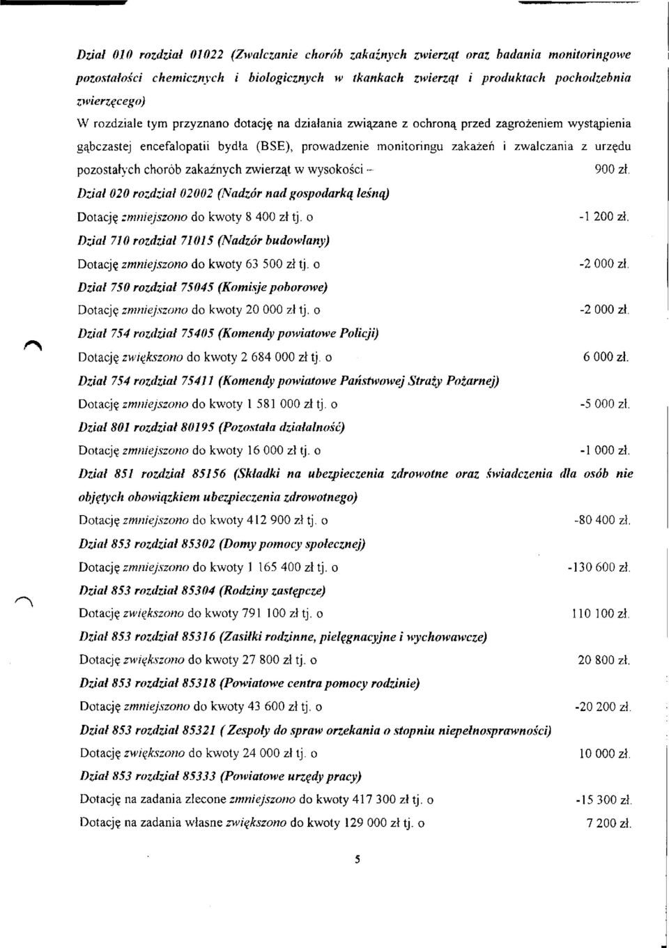 chorób zakaźnych zwierząt w wysokości - 900 zł. Dział 020 rozdział 02002 (Nadzór nad gospodarką leśną) Dotację zmniejszono do kwoty 8 400 zł tj. o -1 200 zł.