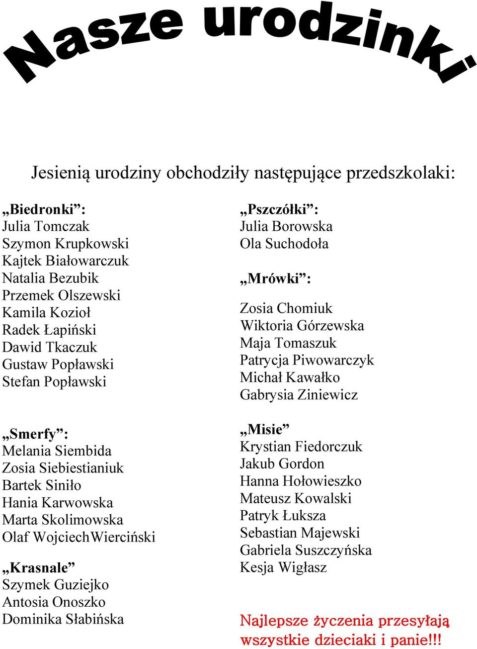 Antosia Onoszko Dominika Słabińska Pszczółki : Julia Borowska Ola Suchodoła Mrówki : Zosia Chomiuk Wiktoria Górzewska Maja Tomaszuk Patrycja Piwowarczyk Michał Kawałko Gabrysia Ziniewicz