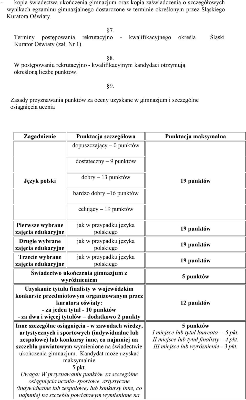 Zasady przyznawania punktów za oceny uzyskane w gimnazjum i szczególne osiągnięcia ucznia 9.