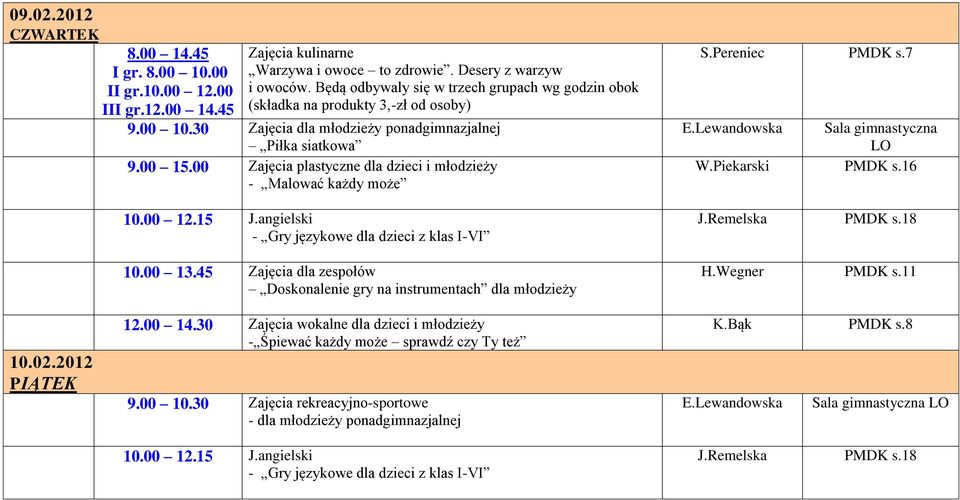 00 Zajęcia plastyczne dla dzieci i młodzieży - Malować każdy może 10.00 12.15 J.angielski - Gry językowe dla dzieci z klas I-VI 10.00 13.45 Zajęcia dla zespołów S.Pereniec PMDK s.7 E.