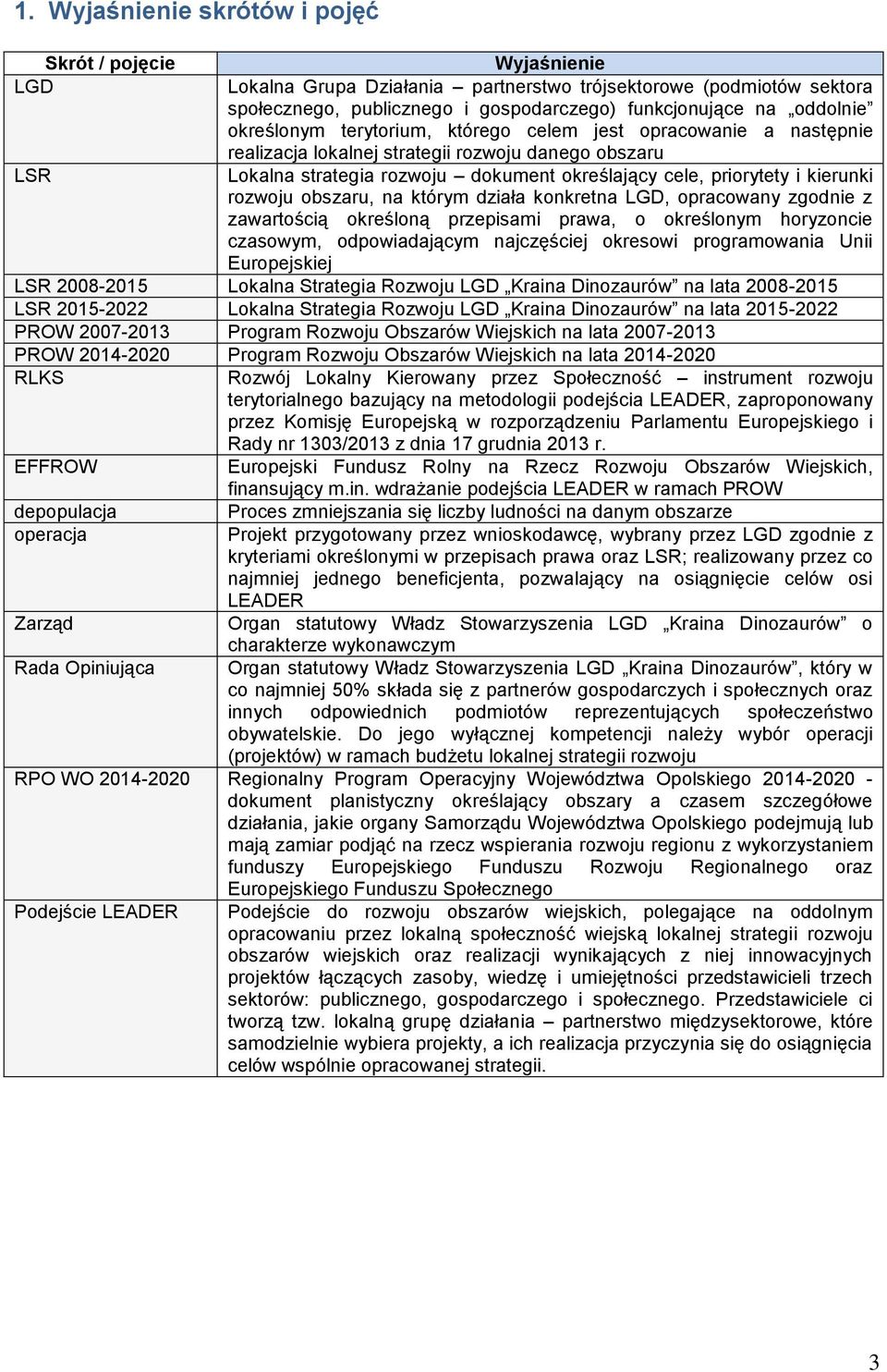 kierunki rozwoju obszaru, na którym działa konkretna LGD, opracowany zgodnie z zawartością określoną przepisami prawa, o określonym horyzoncie czasowym, odpowiadającym najczęściej okresowi