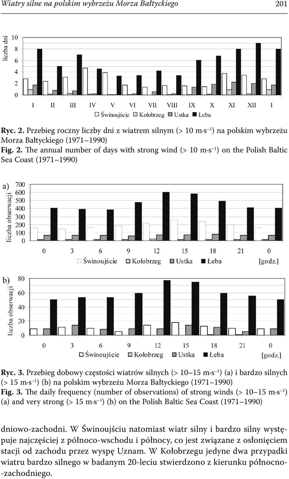 The daily frequency (number of observations) of strong winds (> 10 15 m s 1 ) (a) and very strong (> 15 m s 1 ) (b) on the Polish Baltic Sea Coast (1971 1990) dniowo-zachodni.