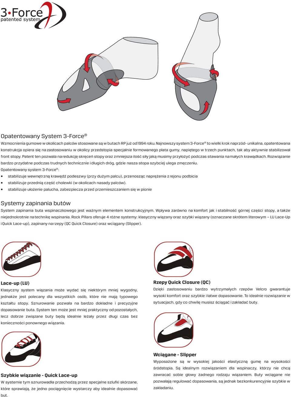 tak aby aktywnie stabilizował front stopy. Patent ten pozwala na redukcję skręceń stopy oraz zmniejsza ilość siły jaką musimy przyłożyć podczas stawania na małych krawądkach.
