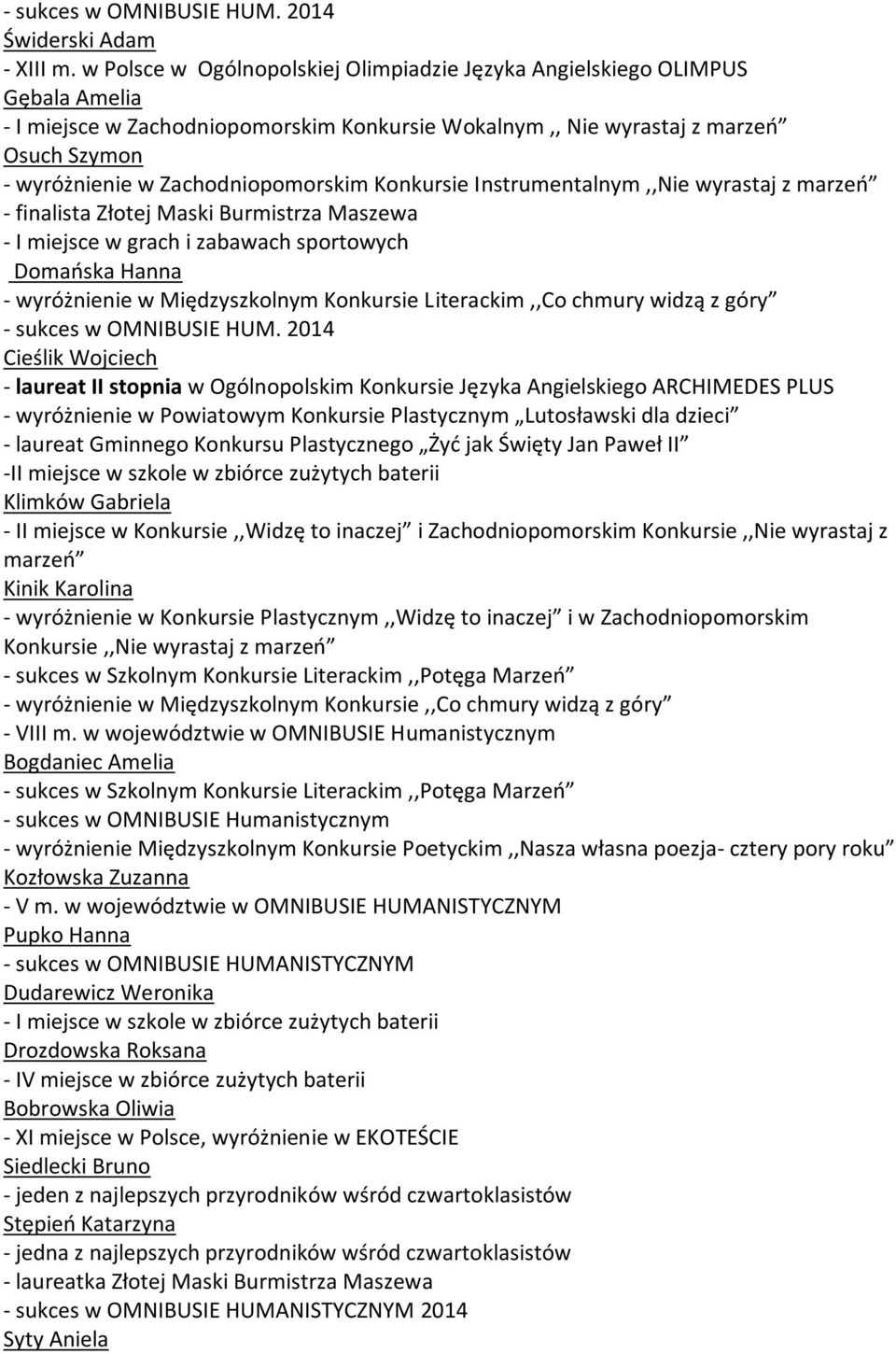 Zachodniopomorskim Konkursie Instrumentalnym,,Nie wyrastaj z marzeń - finalista Złotej Maski Burmistrza Maszewa - I miejsce w grach i zabawach sportowych Domańska Hanna - wyróżnienie w Międzyszkolnym