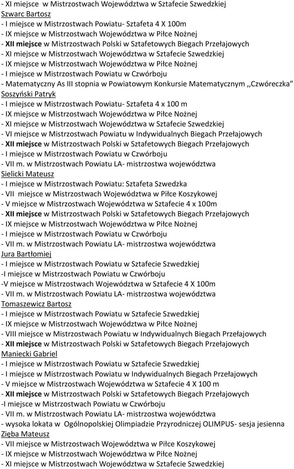 Sztafecie Szwedzkiej - VI miejsce w Mistrzostwach Powiatu w Indywidualnych Biegach Przełajowych Sielicki Mateusz - I miejsce w Mistrzostwach Powiatu: Sztafeta Szwedzka - V miejsce w Mistrzostwach