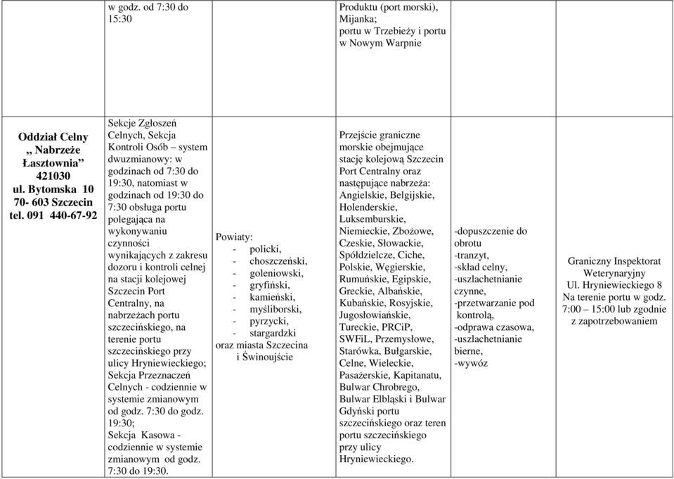 wynikających z zakresu dozoru i kontroli celnej na stacji kolejowej Szczecin Port Centralny, na nabrzeŝach portu szczecińskiego, na terenie portu szczecińskiego przy ulicy Hryniewieckiego; Sekcja