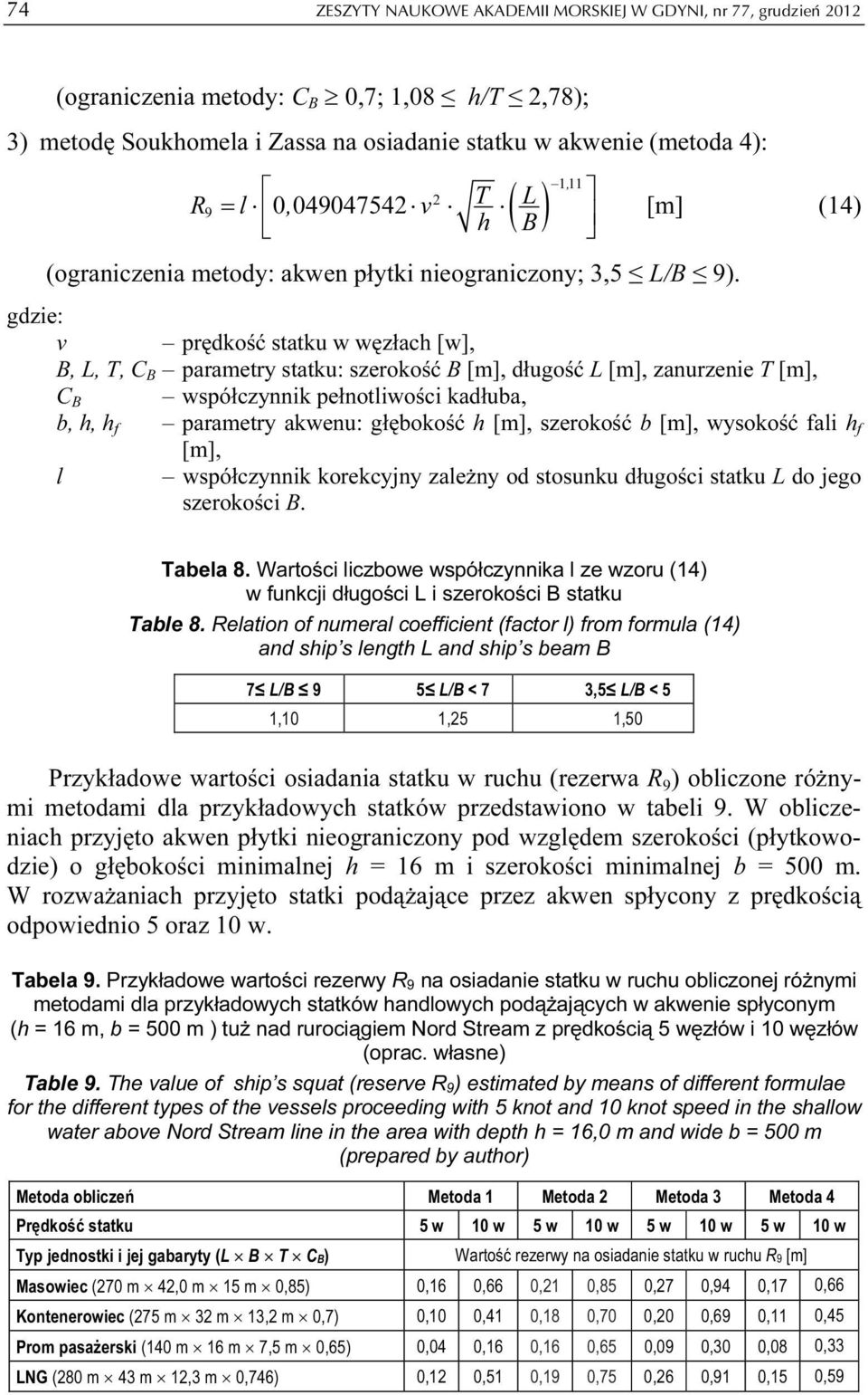 B (14) v prędkość statku w węzłach [w], B, L, T, C B parametry statku: szerokość B, długość L, zanurzenie T, C B współczynnik pełnotliwości kadłuba, b, h, h f parametry akwenu: głębokość h, szerokość