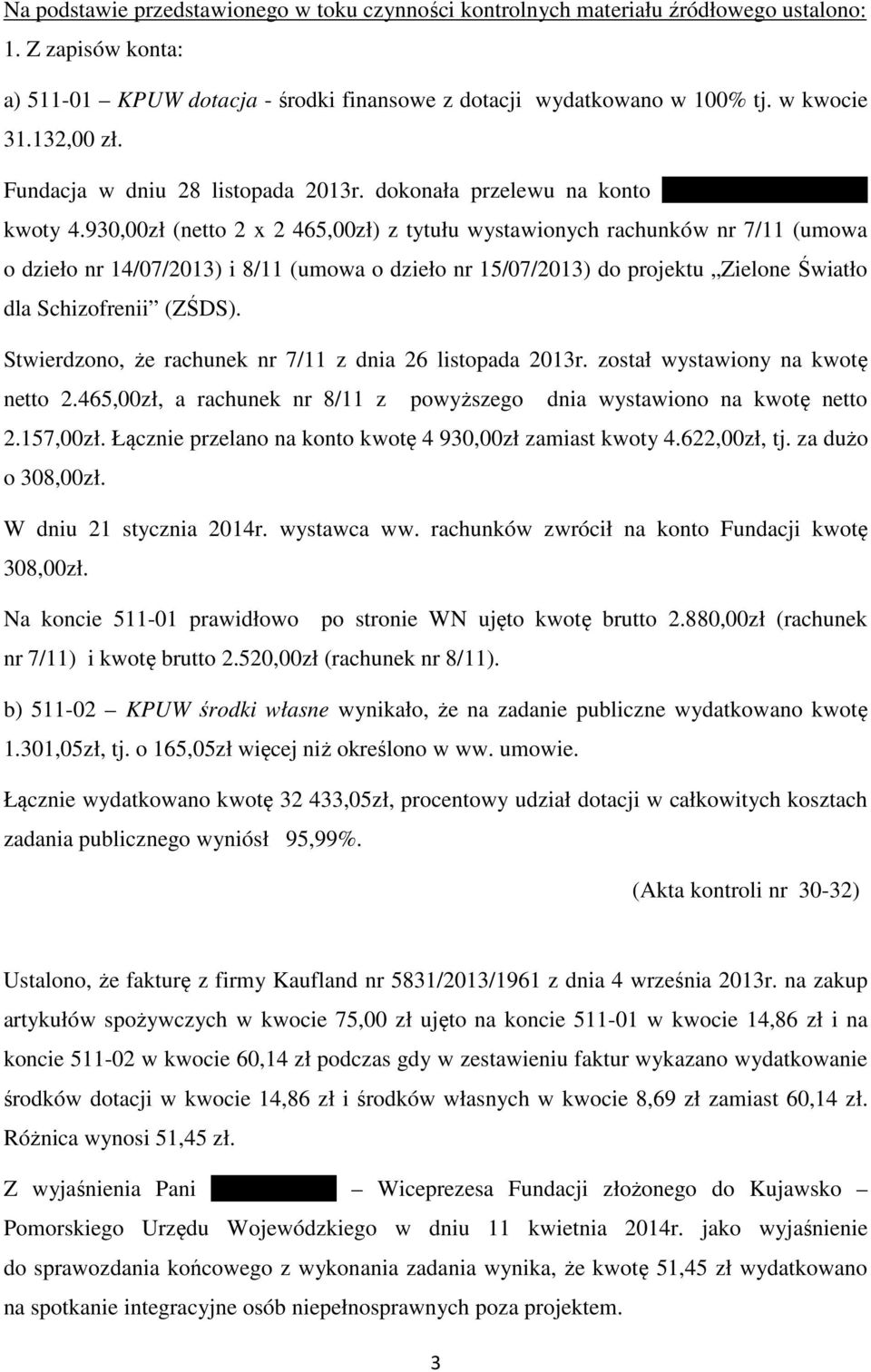 930,00zł (netto 2 x 2 465,00zł) z tytułu wystawionych rachunków nr 7/11 (umowa o dzieło nr 14/07/2013) i 8/11 (umowa o dzieło nr 15/07/2013) do projektu Zielone Światło dla Schizofrenii (ZŚDS).