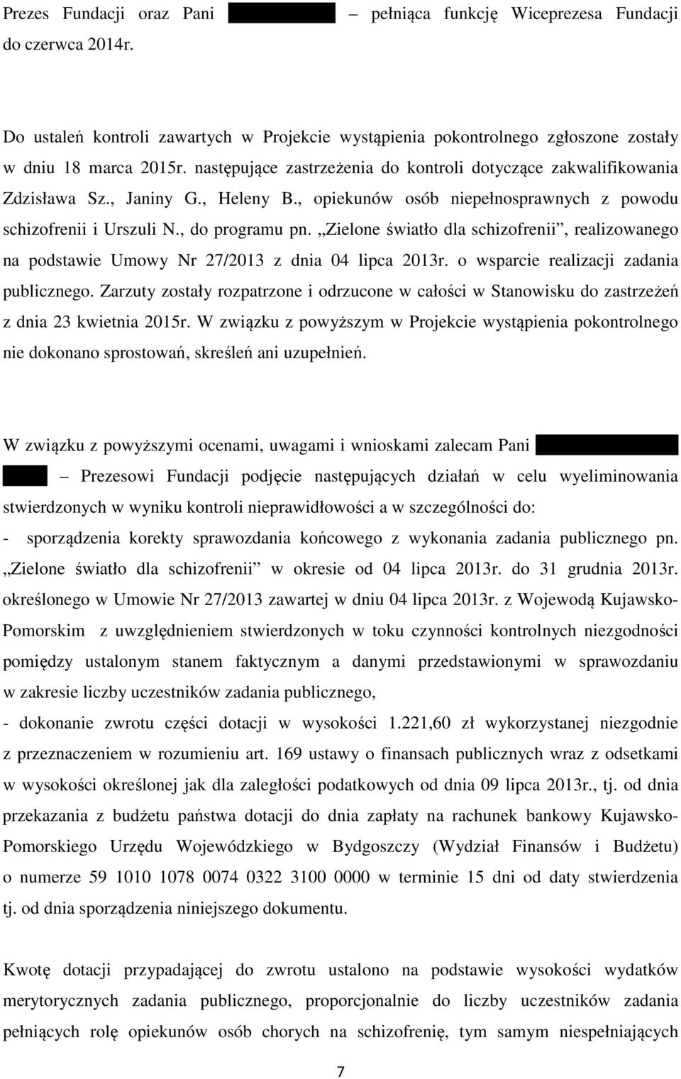 Zielone światło dla schizofrenii, realizowanego na podstawie Umowy Nr 27/2013 z dnia 04 lipca 2013r. o wsparcie realizacji zadania publicznego.