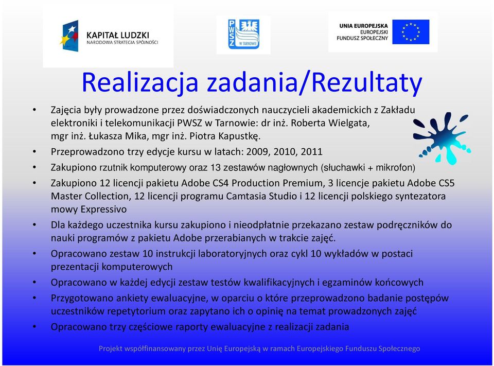 Przeprowadzono trzy edycje kursu w latach: 2009, 2010, 2011 Zakupiono rzutnik komputerowy oraz 13 zestawów nagłownych (słuchawki + mikrofon) Zakupiono 12 licencji pakietu Adobe CS4 Production