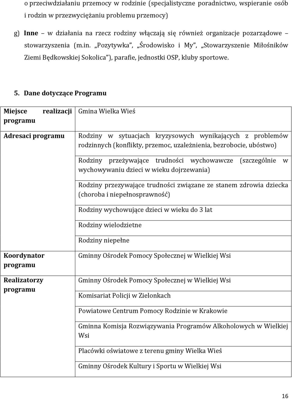 Dane dotyczące Programu Miejsce programu realizacji Gmina Wielka Wieś Adresaci programu Rodziny w sytuacjach kryzysowych wynikających z problemów rodzinnych (konflikty, przemoc, uzależnienia,