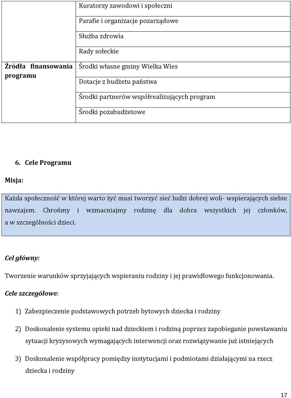 Chrońmy i wzmacniajmy rodzinę dla dobra wszystkich jej członków, a w szczególności dzieci. Cel główny: Tworzenie warunków sprzyjających wspieraniu rodziny i jej prawidłowego funkcjonowania.