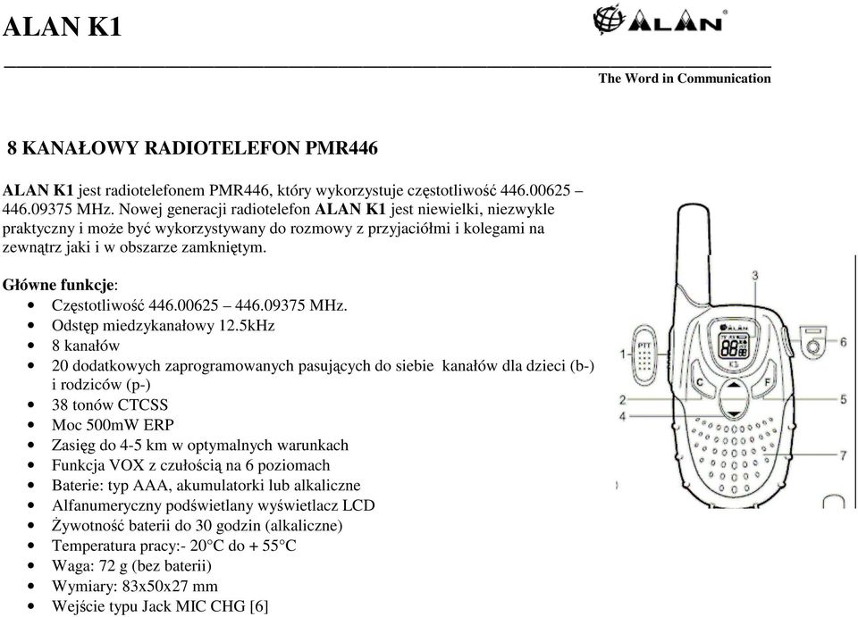 Główne funkcje: Częstotliwość 446.00625 446.09375 MHz. Odstęp miedzykanałowy 12.