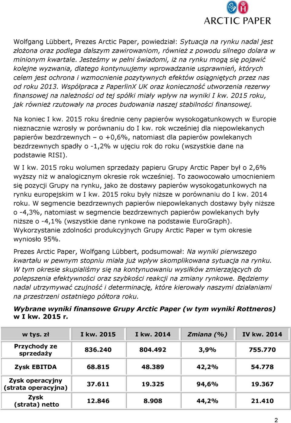 nas od roku 2013. Współpraca z PaperlinX UK oraz konieczność utworzenia rezerwy finansowej na należności od tej spółki miały wpływ na wyniki I kw.