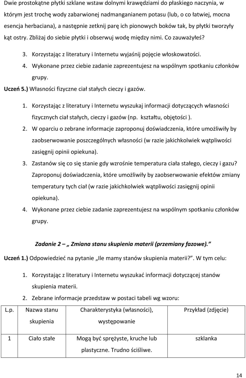 Korzystając z literatury i Internetu wyjaśnij pojęcie włoskowatości. 4. Wykonane przez ciebie zadanie zaprezentujesz na wspólnym spotkaniu członków grupy. Uczeń 5.